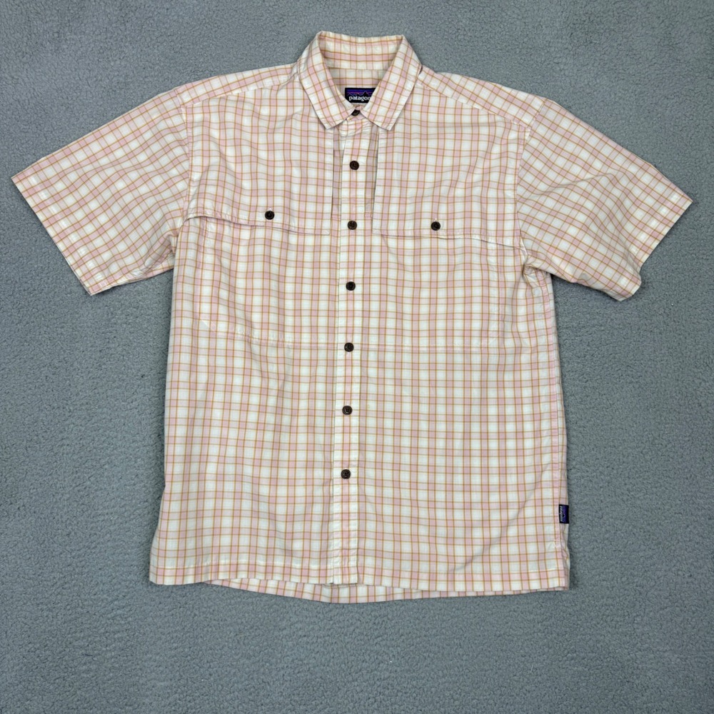 Patagonia Mens Pink Yellow Plaid Short Sleeve Button Down Shirt Medium